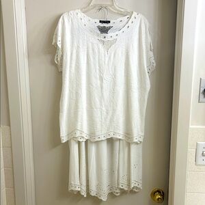 Chic White Eyelet Blouse and Skirt Ensemble